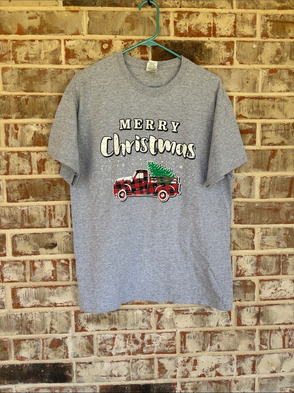 Merry Christmas Gray Graphic Tee with Red Plaid Truck
